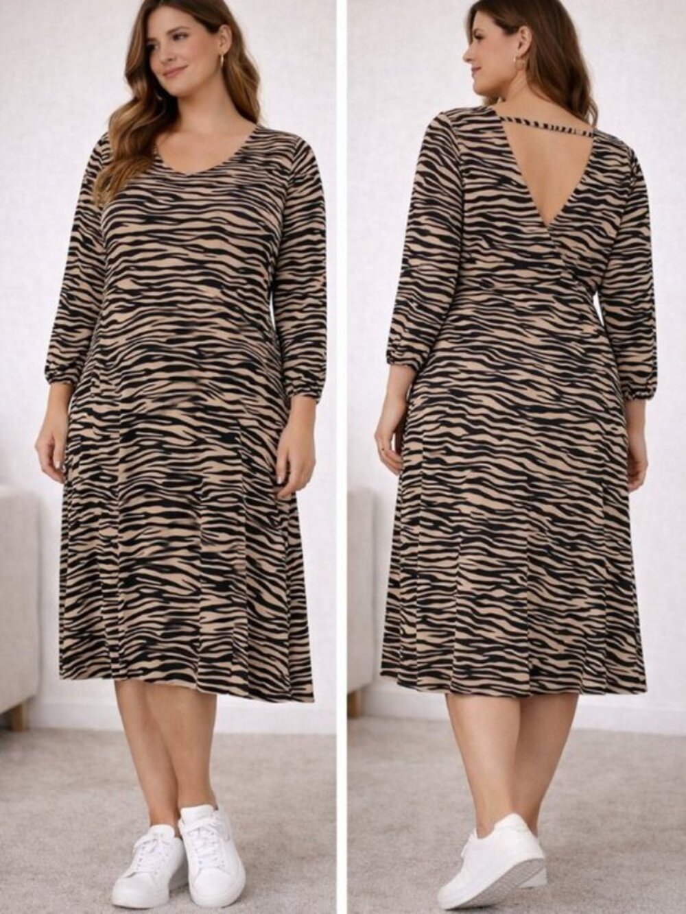 LOFT Plus Zebra Animal Print Long Sleeve Midi Dress Size 16 Jersey Knit